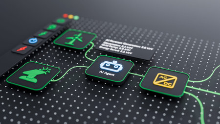 Ai agent managing renewable energy systems with solar panels and wind turbines on digital dashboard- 3D renderingの写真素材
