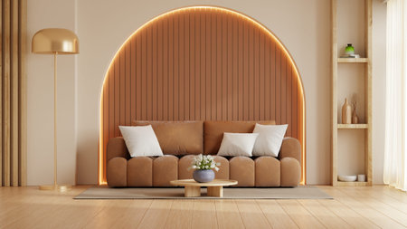 Minimalist living room interior with brown sofa and golden arch wall lighting design 3d render- 3D renderingの写真素材