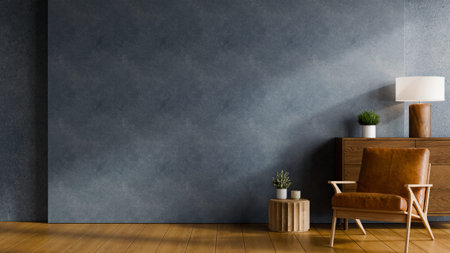 Minimal modern living room interior with dark concrete wall, wooden floor, leather armchair, cabinet, table lamp and natural light creating calm atmosphere- 3D renderingの写真素材