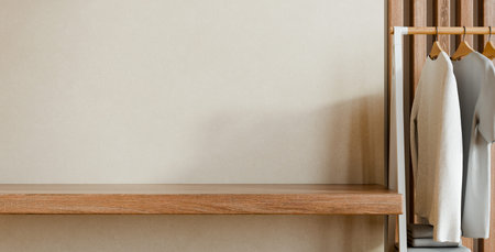 Empty wooden shelf and clothes rack with hanging t-shirts on beige wall background. Minimalist interior design mockup for product display and organization concept- 3D renderingの写真素材