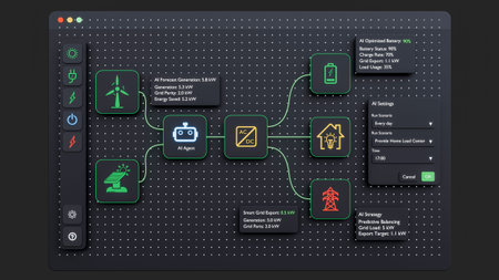 Smart energy management dashboard interface with AI technology, renewable power, solar panel, wind turbine and battery status icons, dark mode UI design- 3D renderingの写真素材