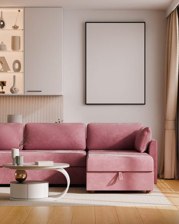 Blank poster frame mockup in modern living room interior with stylish pink velvet sofa and elegant decor- 3D renderingの写真素材