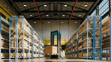 Automated guided vehicle operating in modern industrial warehouse with high pallet racks and...