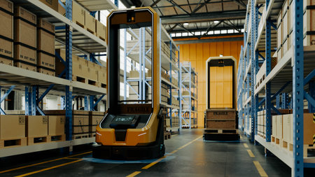 Automated guided vehicles moving cardboard boxes in modern warehouse, smart logistics and industrial automation concept- 3D renderingの写真素材