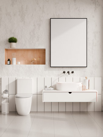 Blank poster frame mockup in modern minimalist bathroom interior with floating vanity, toilet and white ceramic sink- 3D renderingの写真素材