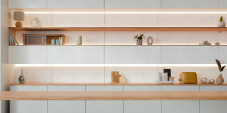 Empty wooden table top with blurred modern minimalist kitchen interior background for product display and presentation- 3D renderingの写真素材