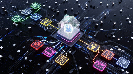 Smart home automation system concept with artificial intelligence brain on microchip and internet of things glowing icons- 3D renderingの写真素材