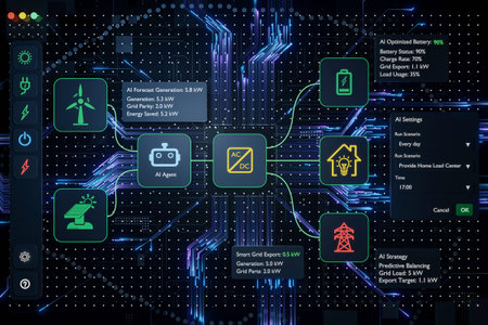 Futuristic AI powered smart grid energy management interface showing solar panels, wind turbine, battery storage and home load control- 3D renderingの写真素材
