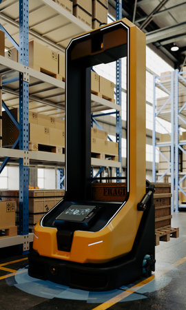 Smart automated guided vehicle AGV carrying cargo pallet in modern warehouse room for industrial logistics and technology concept- 3D renderingの写真素材