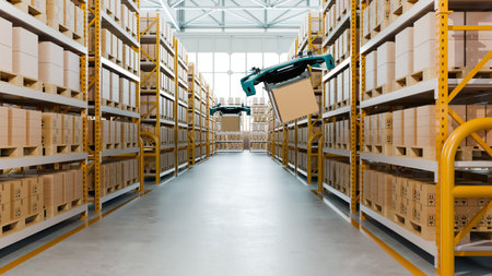 Futuristic automated warehouse interior with flying delivery drones carrying cardboard boxes for smart logistics and supply chain concept- 3D renderingの写真素材