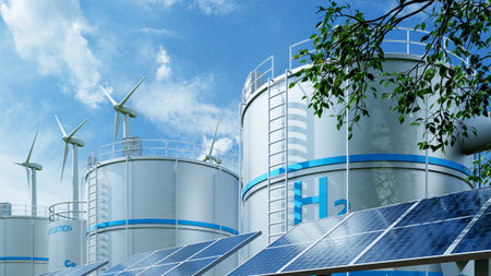 Green hydrogen plant with storage tanks wind turbines and solar panels for renewable clean energy and sustainable power industry- 3D renderingの写真素材