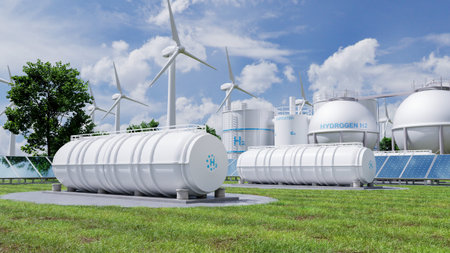 Hydrogen H2 storage tanks in renewable energy plant with wind turbines and solar panels. Clean energy production and sustainable power generation concept- 3D renderingの写真素材