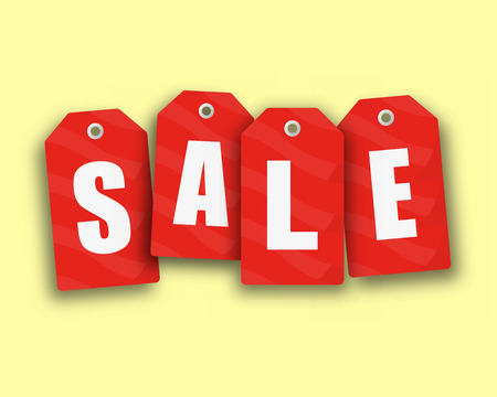 Isolated vector red hanging sales tags with optional transparent ground shadow.のイラスト素材