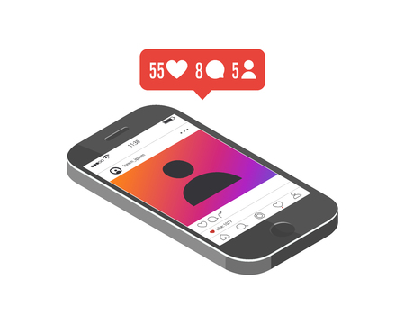 Isometric view of a smartphone with a message from a popular social networkのイラスト素材