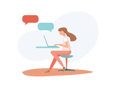 Girl sitting with modern gadget and typing messages vector illustration. Young woman using laptop to work business or education poster. Internet communication conceptのイラスト素材