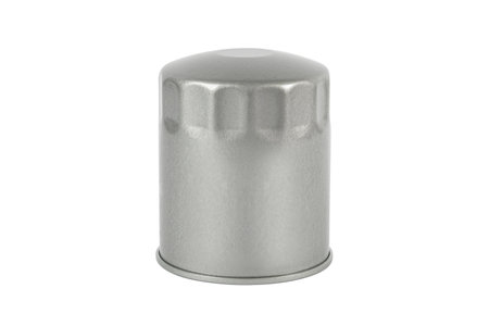 Silver oil filter on a white background. Isolate.Car filter closeup. Spare parts catalog.の写真素材