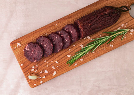 Sliced smoked sausage on a wooden board.の写真素材