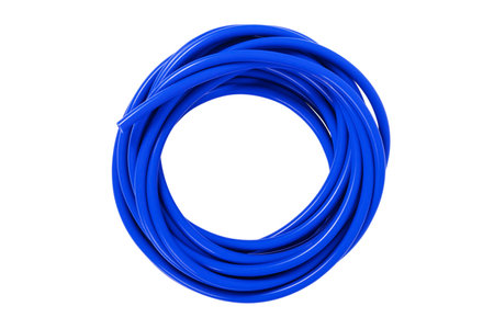 Watering rubber hose in blue color isolated on white background.の写真素材