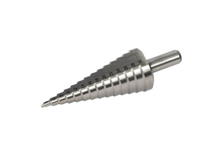 Step drill bit isolated on white background. Step drill bit for drilling holes in metal.の写真素材