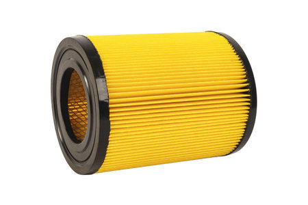 New car air filter element. Car engine air filter isolated on white background. Close-up air filter over white with clipping path.の写真素材