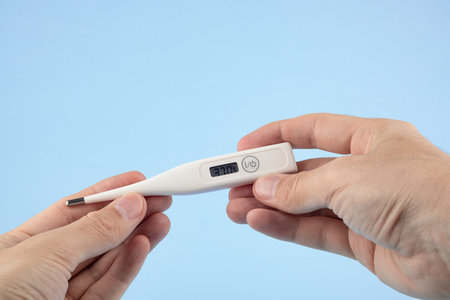 Men's hands hold a digital thermometer on blue background. a person looks at an electronic thermometer with temperatureの写真素材