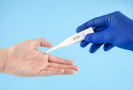 The doctor in blue latex gloves passes the digital thermometer into the hands of the patient. body temperature measurement.の写真素材