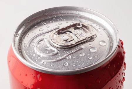 Red can of cold soda with water drops in macro view on light background.の写真素材