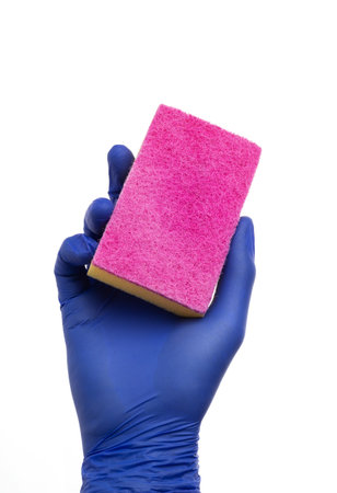 Sponge for washing and cleaning in male hand. Hand in a latex glove isolated on white. A hand in a glove holds a sponge for washing and cleaning.の写真素材