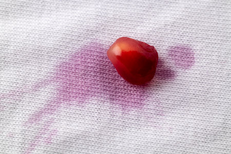 Pomegranate stain on white clothes macro. Close-up cotton textureの写真素材