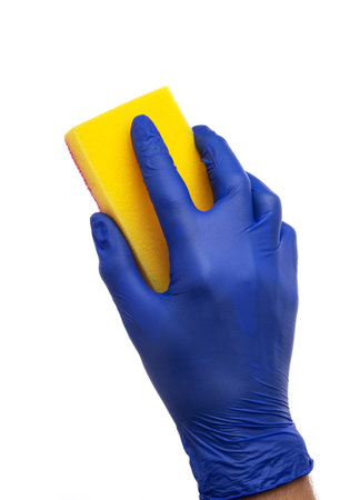 Sponge for washing and cleaning in male hand. Hand in a latex glove isolated on white. A hand in a glove holds a sponge for washing and cleaning.の写真素材