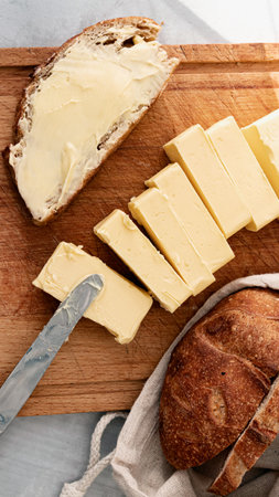 A sandwich with butter for breakfast. Sliced bread on a cutting board. Morning meal. Organic farm butter. Vertical frame. Top view.の写真素材