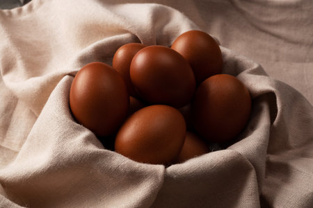 Close up image of organic chicken eggs and bread. Organic chicken eggs food ingredients concept.の写真素材