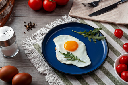 Fried eggs for breakfast. Healthy breakfast with vegetables and herbs. Fried egg on a blue plate. Serving on the tableの写真素材