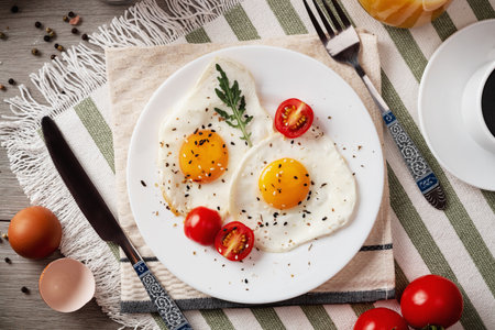 Fried eggs for breakfast. Healthy breakfast with vegetables and herbs. Fried eggs on a white plate. Serving on the table. Morning fried eggs with coffee and orange juice.の写真素材