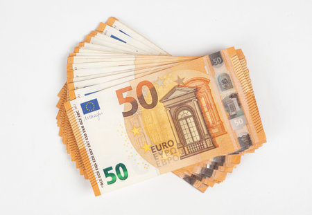 Fifty euro banknotes isolated on white backgroundの写真素材