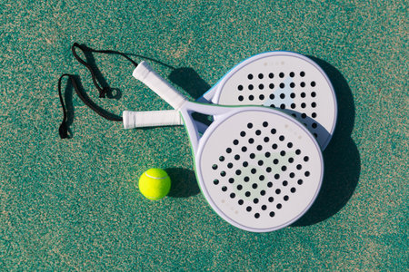 Padel racket and ball on a court. Top view.の写真素材