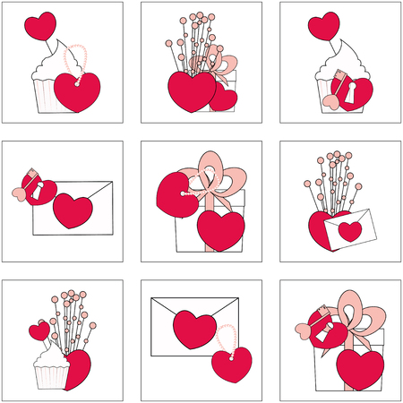 Illustration of Love icons. Ideal for Valentine Cards decoration. Hearts icons set. Cute gifts, cakes, bouquet, necklaceの写真素材