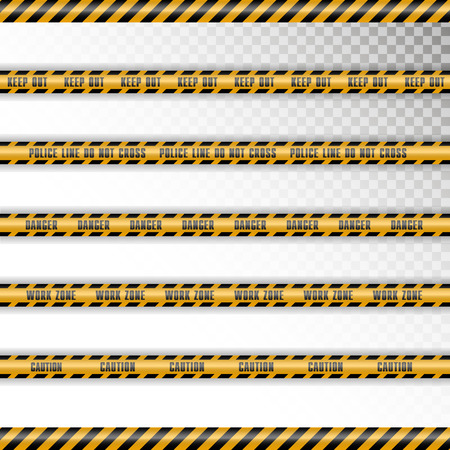 Set of 5 caution tapes with shadow on transparent background. Diagonal lines. Keep out, police line, do not cross, danger, work zone, caution.のイラスト素材