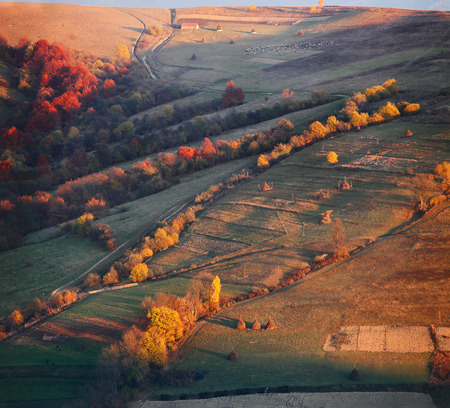 Autumn evening in a mountain village. Sunset light. Autumn foliage. Golden leaves. Ukraine Carpathians.の写真素材