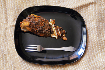 Grilled chicken fillet, breast with cooked vegetable on plateの写真素材