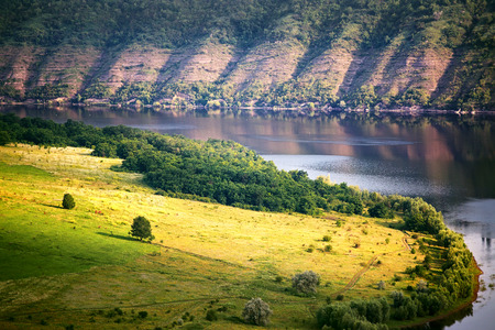 Summer sunny morning on the river Dniester in canyonの写真素材