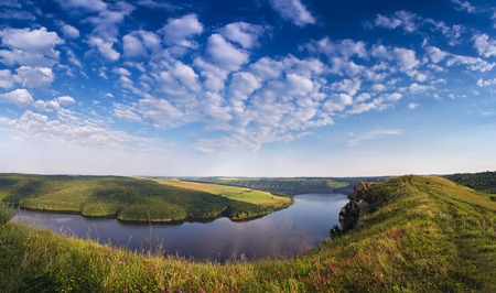 Summer sunny morning on the river Dniester in canyonの写真素材