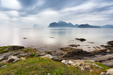 Summer cloudy Lofoten islands. Norway misty sea and fjords.の写真素材