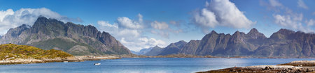Norway landscape sunny summer panorama, fjord and mountains in the backgroundの写真素材