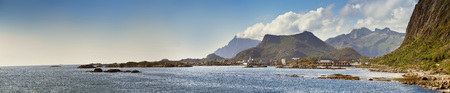 Norway landscape sunny summer panorama, fjord and mountains in the backgroundの写真素材