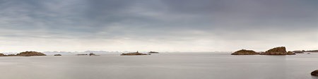 Summer cloudy Lofoten islands. Norway misty sea and fjords. Nordic rain.の写真素材