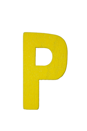 Yellow wooden letter P isolated on white background with clipping path.の写真素材