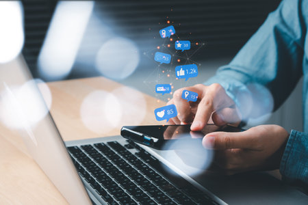 Woman using smart phone on office desk with copy space, Social, media, Marketing concept.