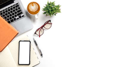 Man using smart phone on office desk with copy space, Social, media, Marketing concept.の写真素材