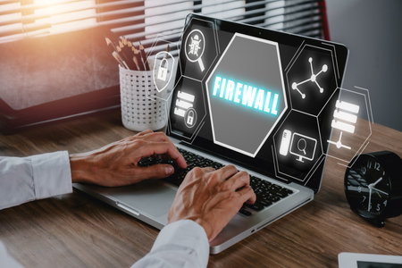 Firewall computing security concept, Person using laptop computer with Firewall icon on virtual screen, Business, Technology, Internet and network.の写真素材